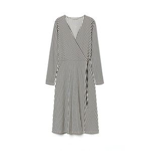 Wrap Dress with black and white stripes| Midi length | V Neck | Balloon Sleeves